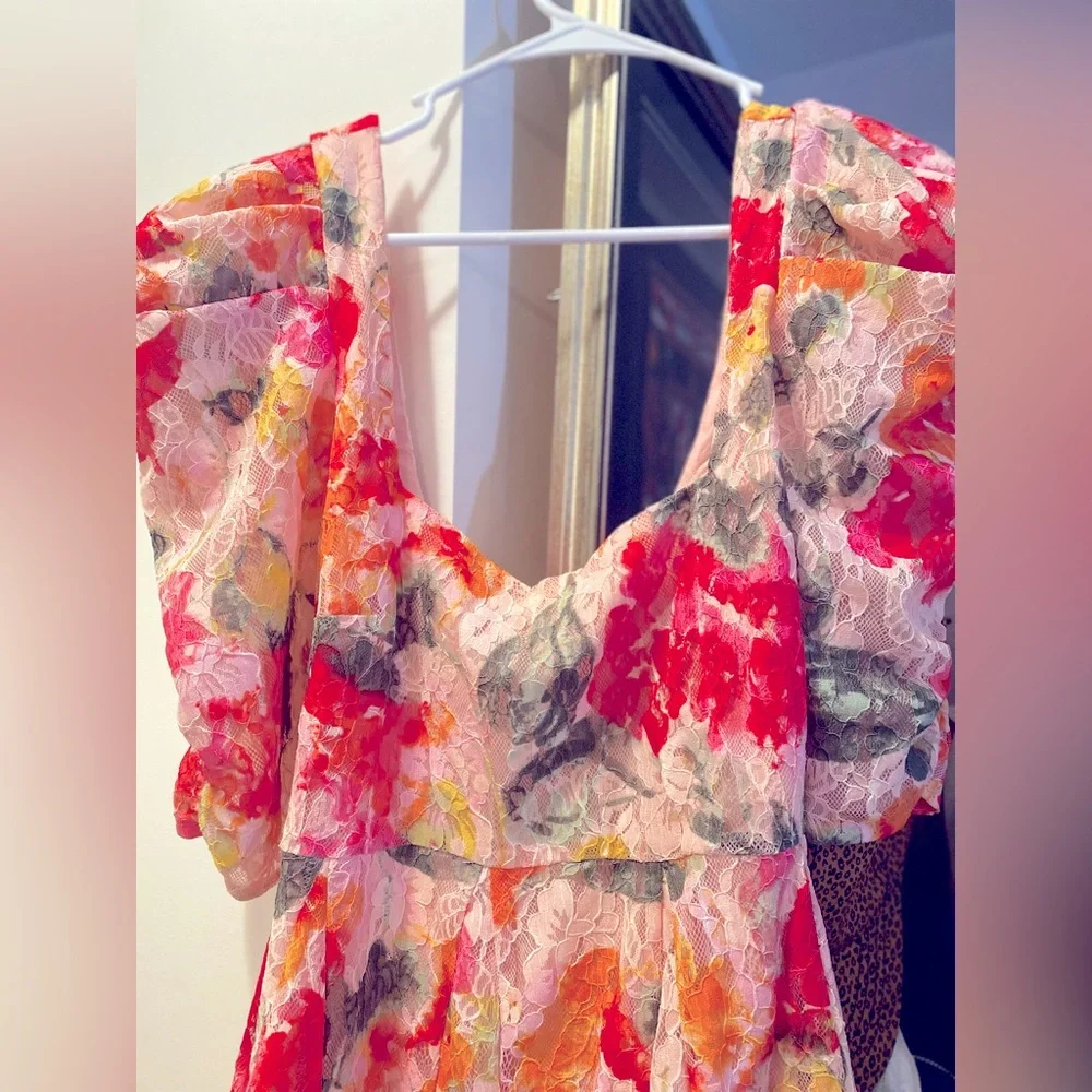 For Love & Lemons Dascha Puff Sleeve Mini Dress Light Pink Floral Lace Large NWT - Picture 7 of 16